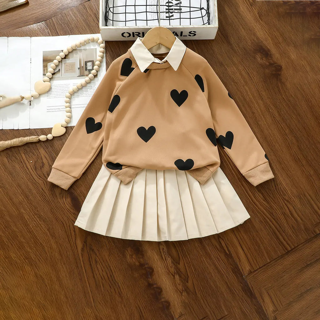 Girls Brown Heart Printed Sweatshirt With Pleated Skirt Sets 2 pc. Sets Brown 3-4 Y