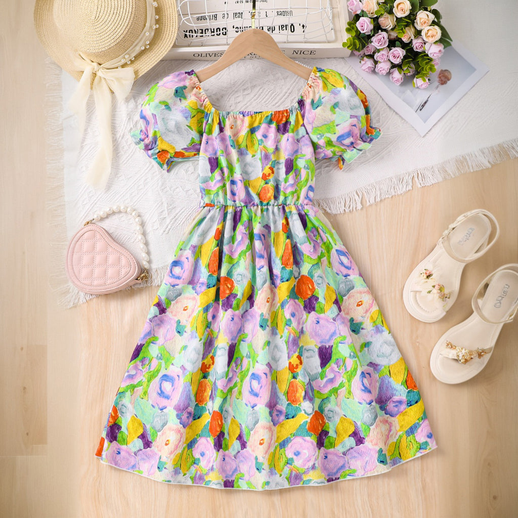 Girls Multicolor Floral Printed Puff Sleeves Scoop Neck Fit & Flare Dress Casual Dresses Multicolor 3-4 Y