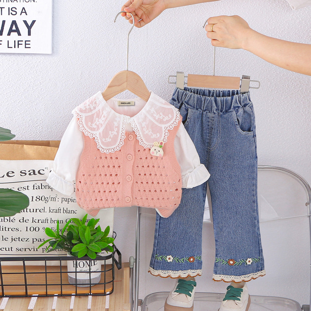 Girls Pink Solid Woolen Pullover With Top & Denim Pants Sets Pink 1-2 Y