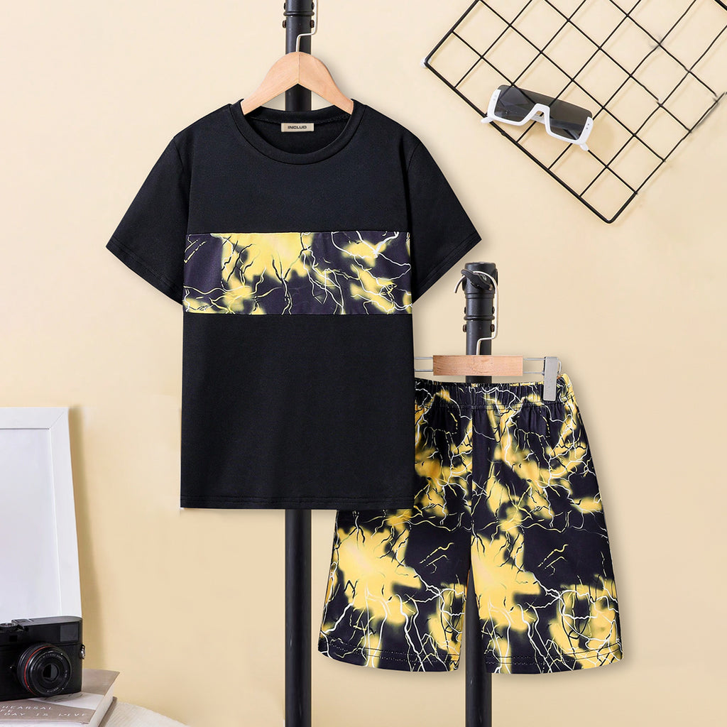 Boys Black Short Sleeves T-Shirt With Abstract Printed Shorts Set 2 pc. Sets Black 7-8 Y