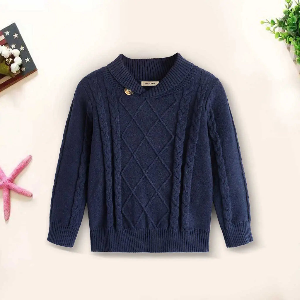 Boys Navy Blue Self-Design Cable-Knit Sweater Sweaters & Cardigans Navy Blue 3-4 Y