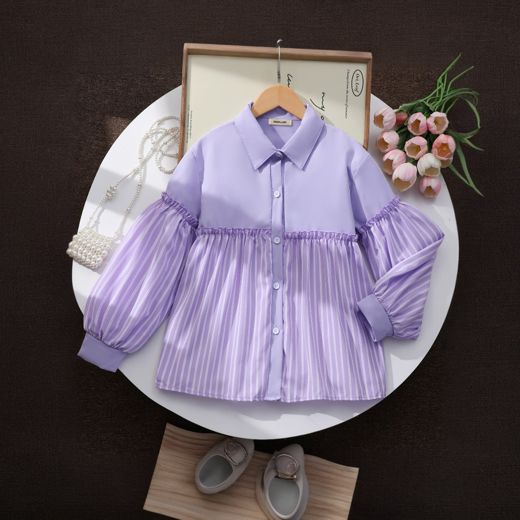 Girls Purple Stripes Long Sleeves A-Line Top Tops Purple 7-8 Y