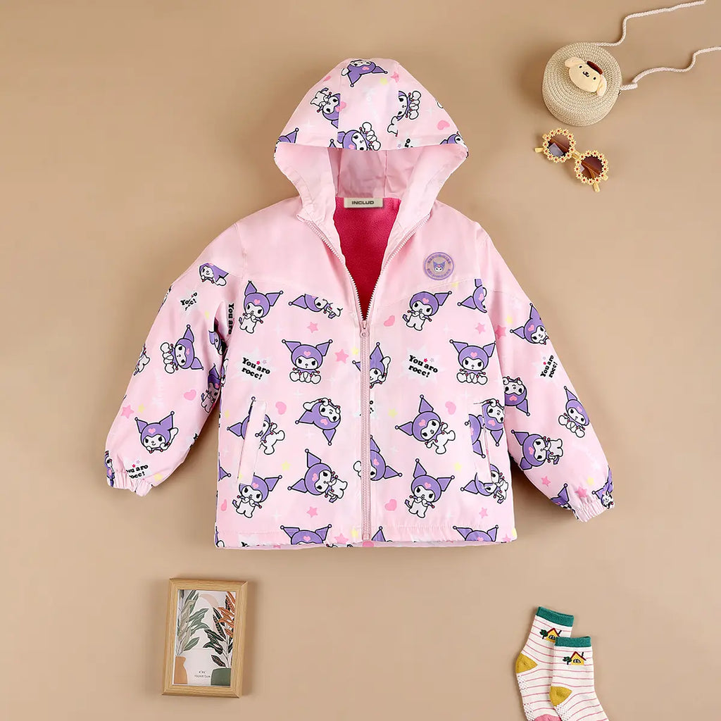 Girls Light Pink Kuromi Cartoon Printed Hooded Zipper Jacket Coats & Jackets Light Pink 3-4 Y