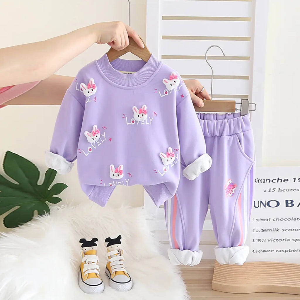 Girls Purple Applique Regular Sweatshirt With Trousers Sets 2 pc. Sets Purple 1-2 Y