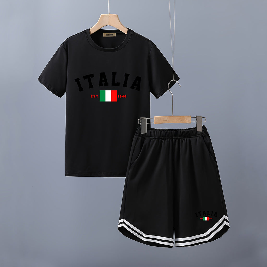 Boys Black Typographic Print Shot Sleeve T-Shirt With Shorts Set 2 pc. Sets Black 5-6 Y