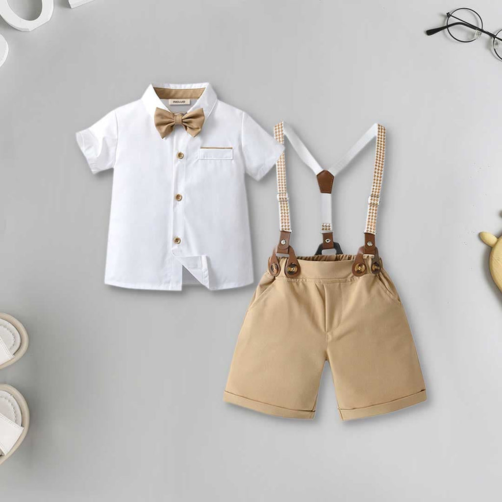 Boys Short Sleeve Shirt With Suspender Shorts Set Sets Beige 1-2 Y 