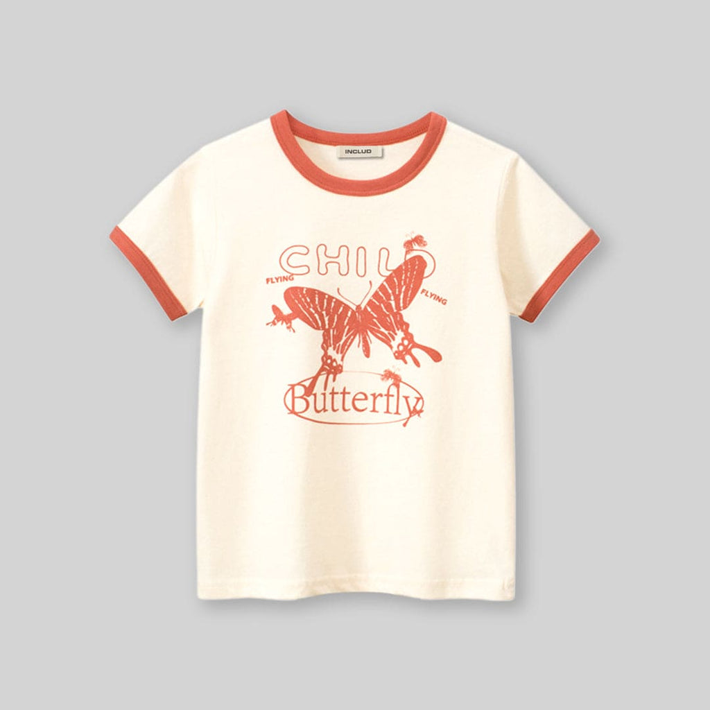 Girls Butterfly Print Short Sleeves T-shirt Tshirts Apricot 1-2 Y 