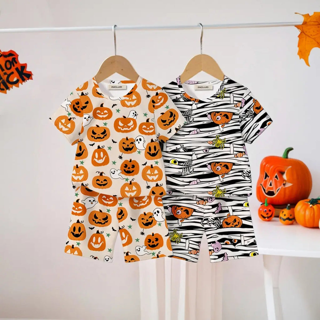 Boys Multicolor Halloween Pumpkin Printed T-Shirt With Shorts Sets Pack Of 2 Sets Multicolor 3-4 Y