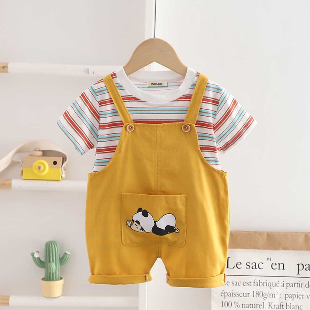 Boys Striped T-shirt with Panda Dungaree Set Sets Yellow 1-2 Y 