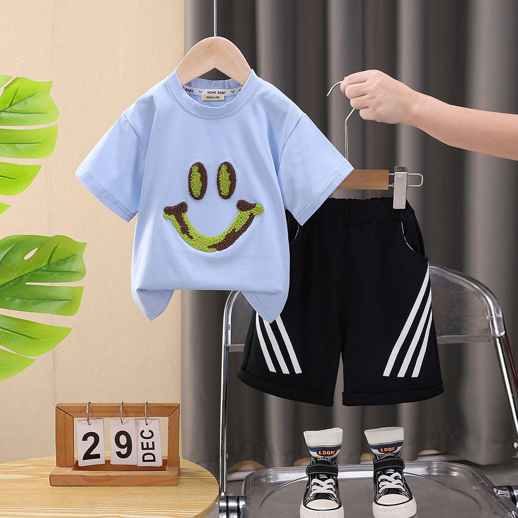 Boys Blue Smiley Patch T-shirt with Striped Shorts Set Sets