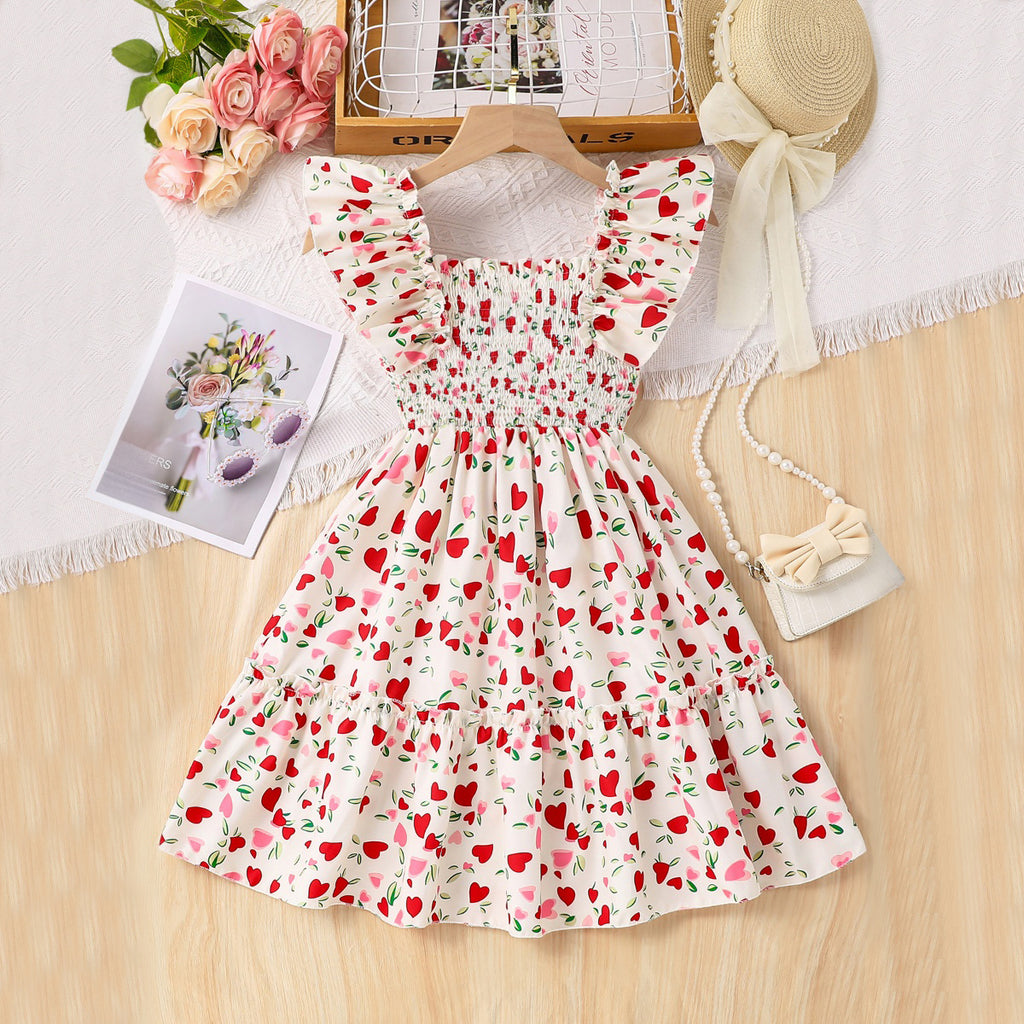 Girls Off White Heart Printed Square Neck Fit & Flare Smocked Dress Casual Dresses Off White 3-4 Y