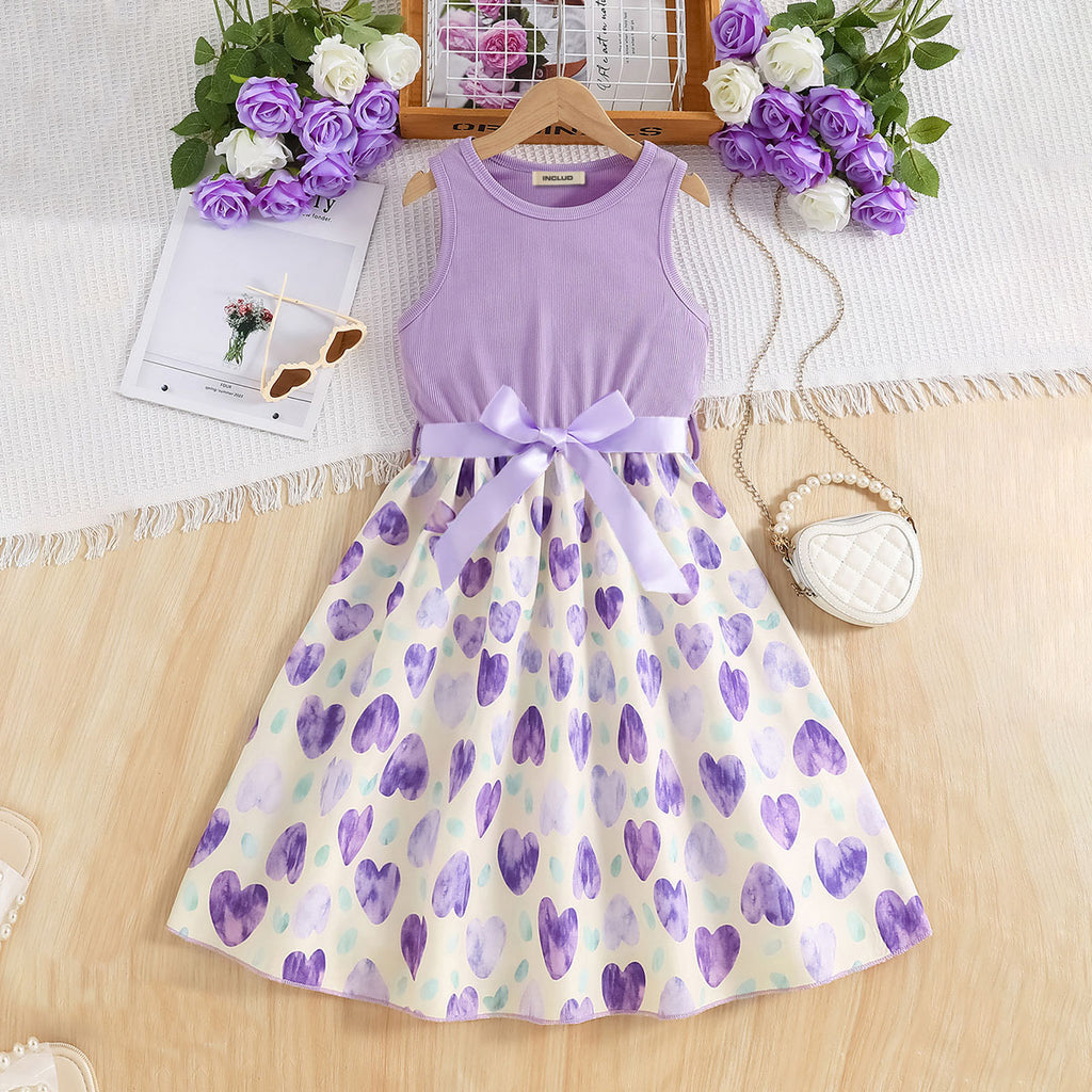 Girls Purple Heart Printed Fit And Flared Midi Casual Dress Casual Dresses Purple 3-4 Y