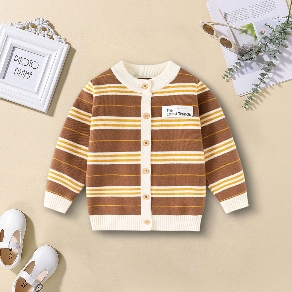 Boys Brown Cardigan With Self-Design Stripe Patterns Sweaters & Cardigans Brown 2-3 Y
