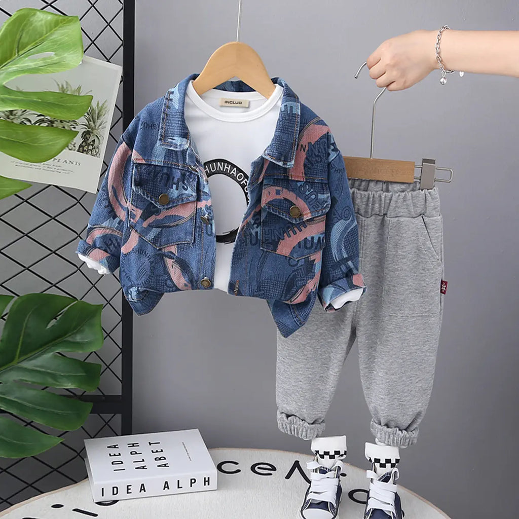 Boys Pink Abstract Printed Denim Jacket With T-Shirt & Jogger Sets Sets Pink 1-2 Y