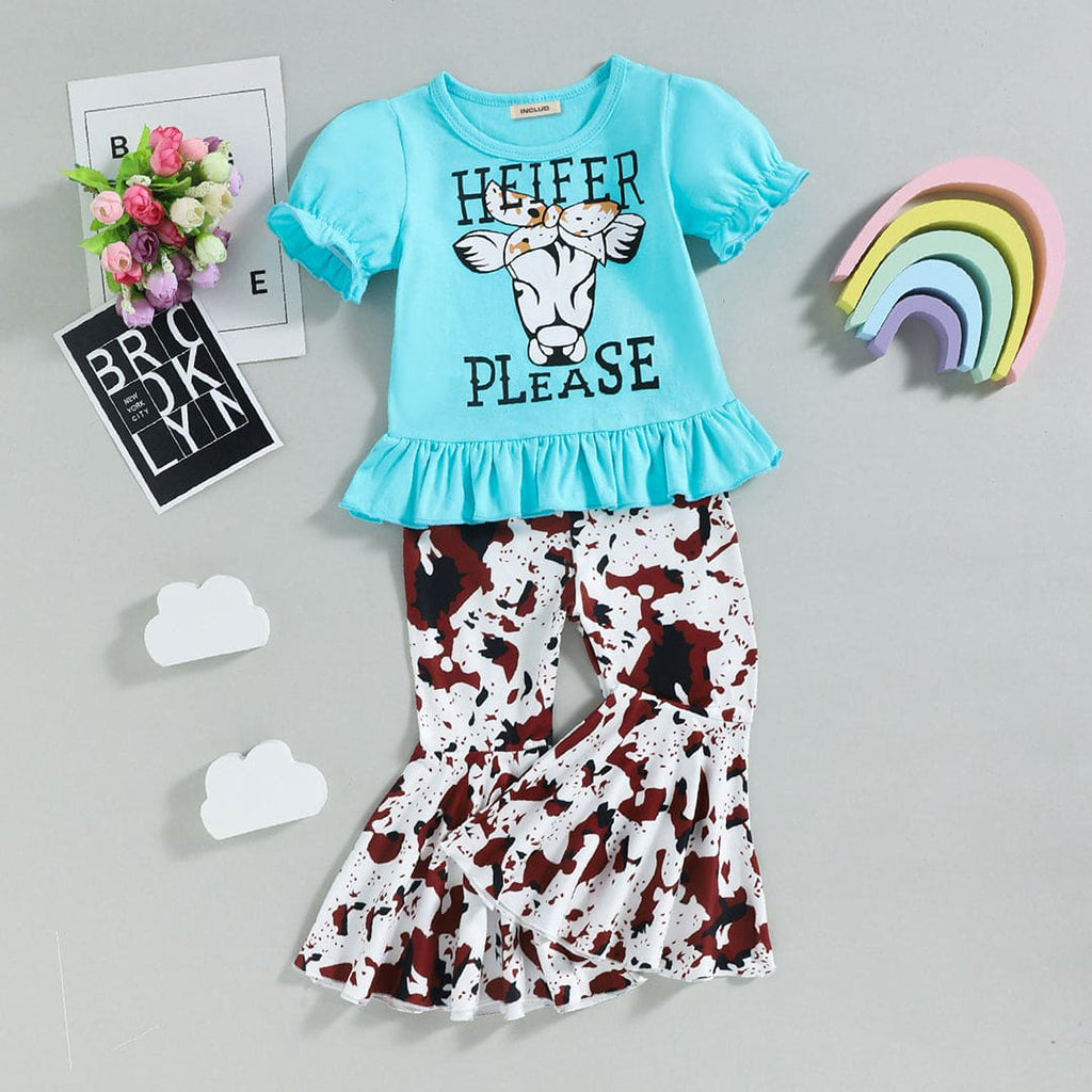 Girls Puff Sleeve Top With Printed Wide Leg Pants Sets Light Blue 1-2 Y 