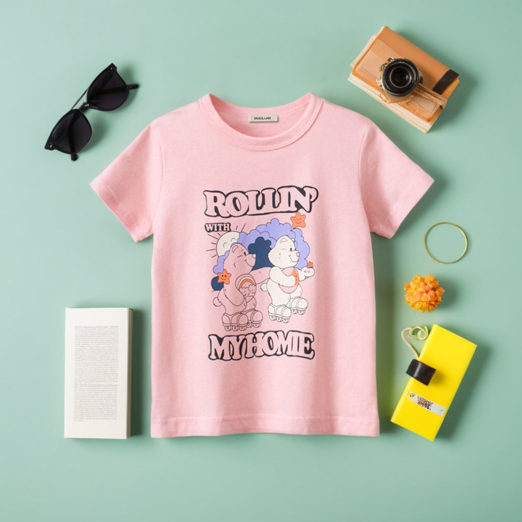 Girls Graphic Print Short Sleeves T-Shirt Tshirts Pink 1-2 Y 