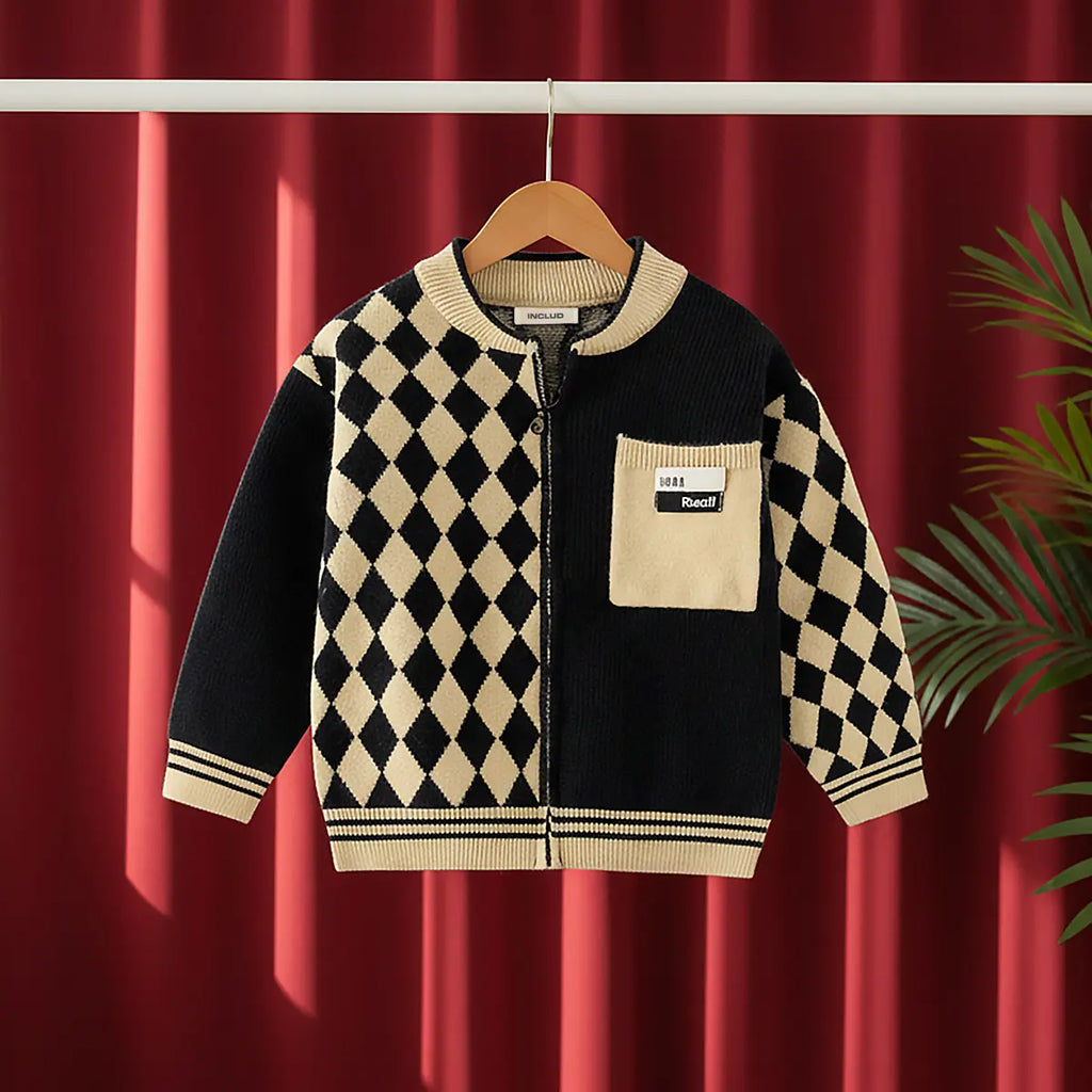 Boys Black Self-Design Triangle Pattern Zip-up Knitted Sweater Sweaters & Cardigans Black 1-2 Y