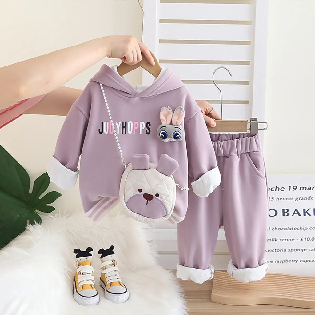 Girls Purple Applique Hoodies Sweatshirt With Pants & Bag Sets 3 pc. Sets Purple 1-2 Y