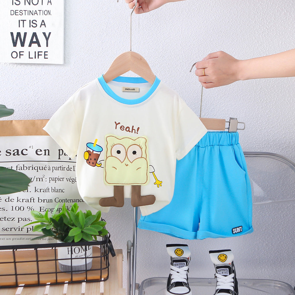 Boys Embroidered Applique Contrast Neck Band T-Shirt With Turquoise Shorts Set 2 pc. Sets Turquoise 1-2 Y