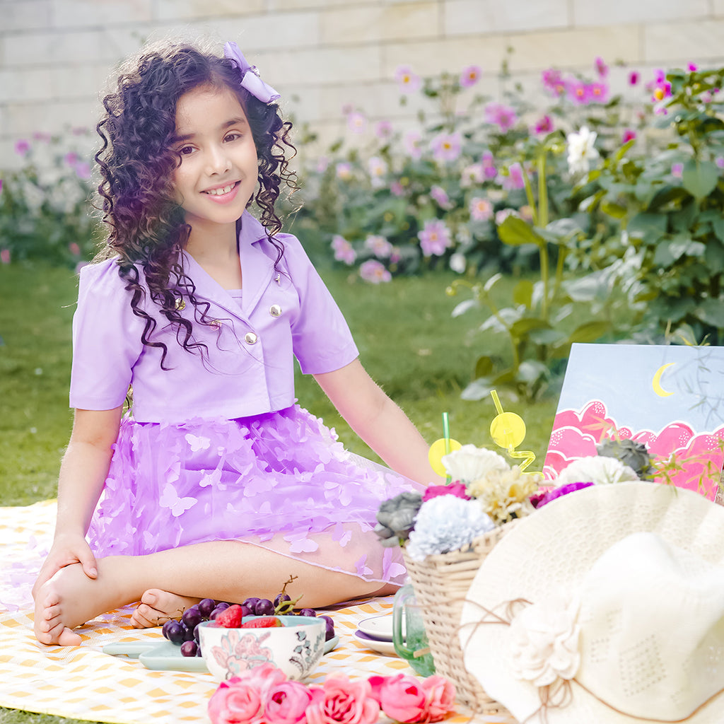 Girls Purple Short Sleeve Top With Butterfly Applique Sleeveless Dress Casual Dresses Purple 3-4 Y