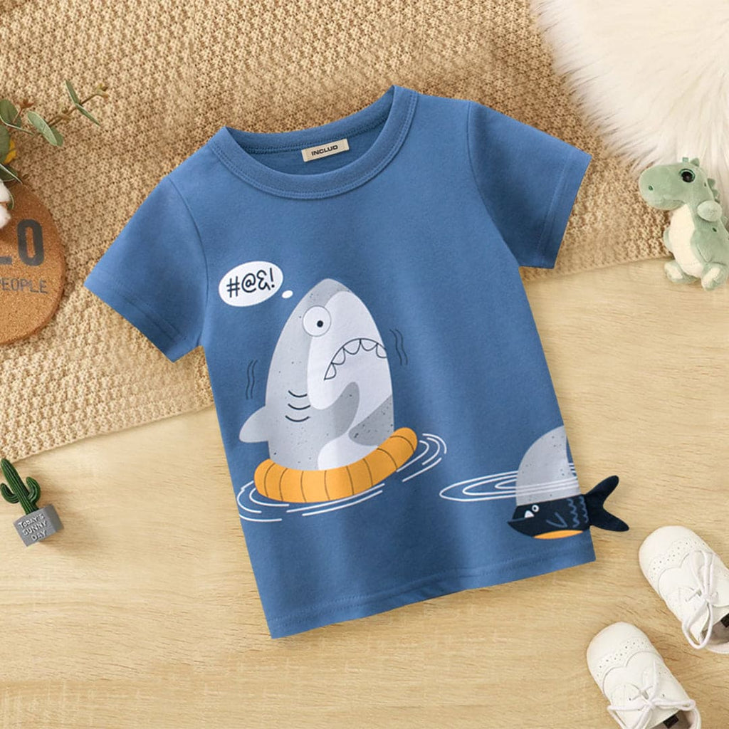 Boys Blue Shark Printed Short Sleeves T-Shirt Tshirts Blue 1-2 Y
