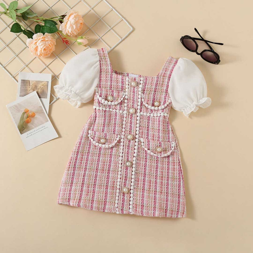 Girls Texture Puff Sleeves Square Neck Dress Casual Dresses Pink 2-3 Y