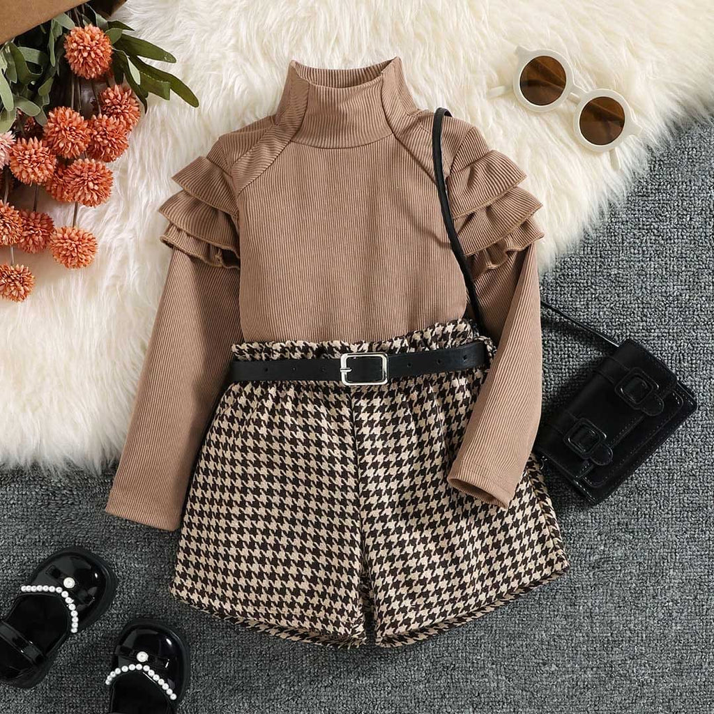 Girls Long Sleeve High Neck Top With Houndstooth Shorts Set 2 pc. Sets Brown 1-2 Y