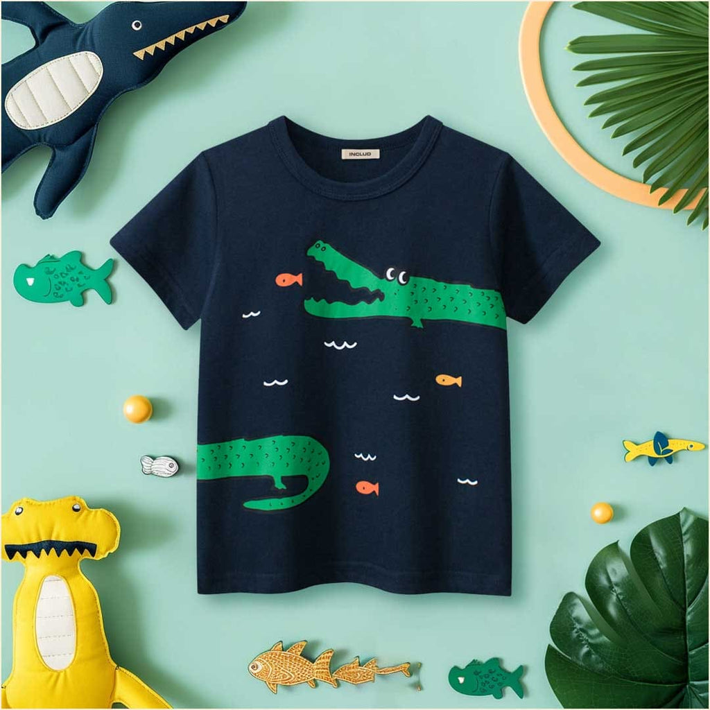 Boys Short Sleeves Crocodile Print T-Shirt Tshirts Blue 1-2 Y 