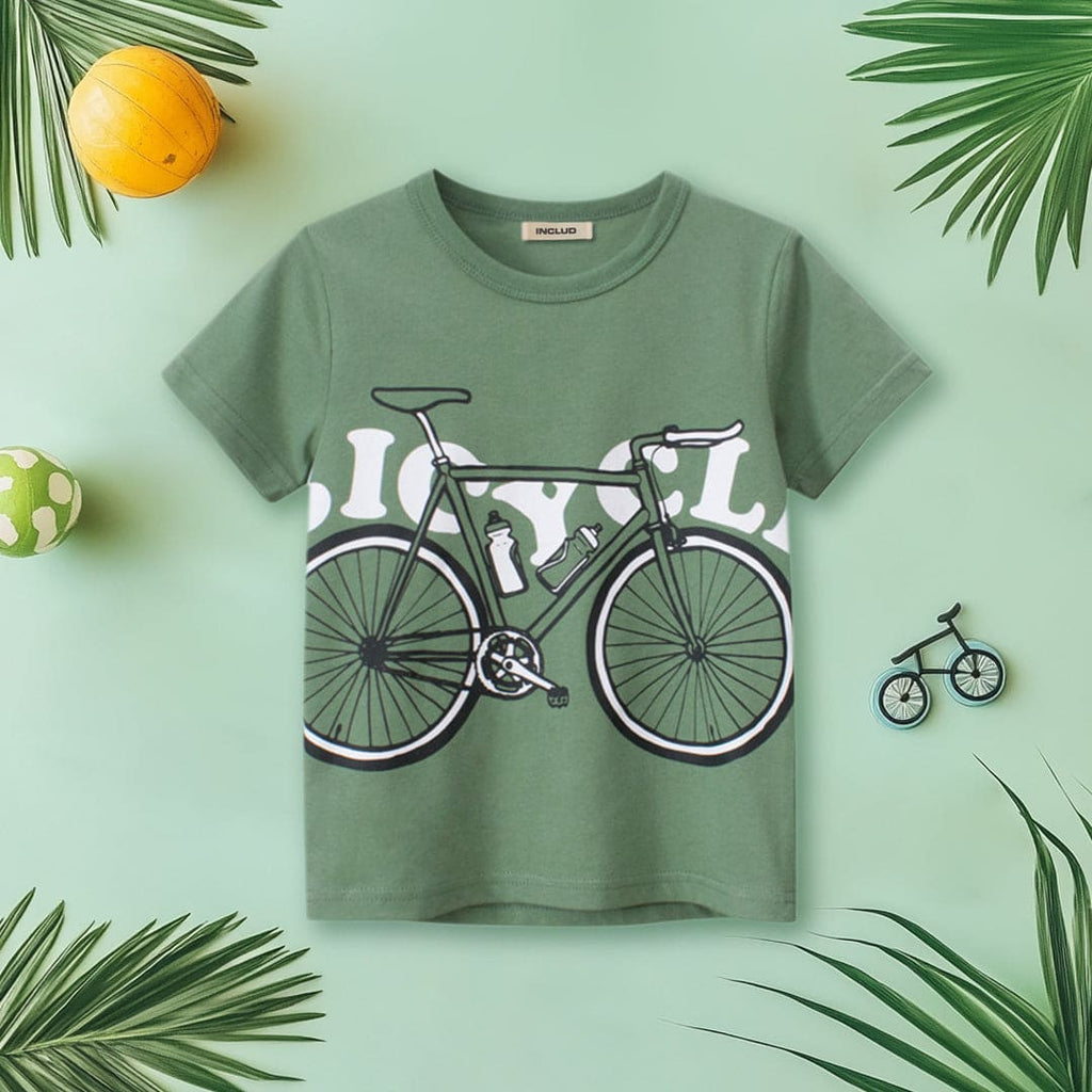 Boys Green Bicycle Print Short Sleeves T-shirt Tshirts Green 1-2 Y 