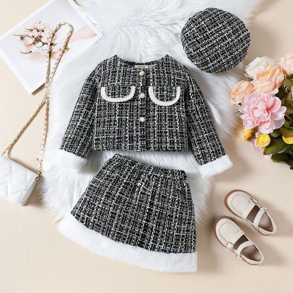 Girls Black Texture Crop Length Jacket With Skirt & Hat Set Sets Black 1-2 Y