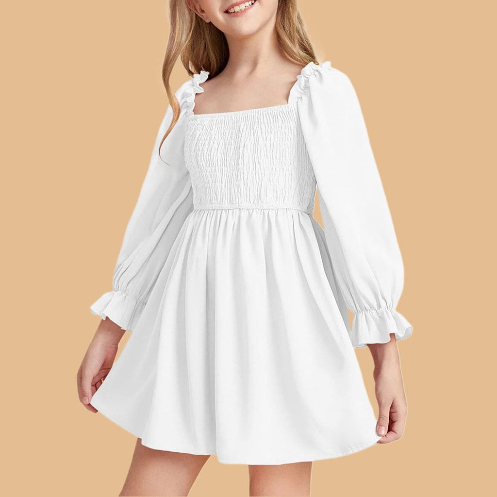 Girls White Long Sleeve Elasticated Yoke Dress Casual Dresses White 2-3 Y 