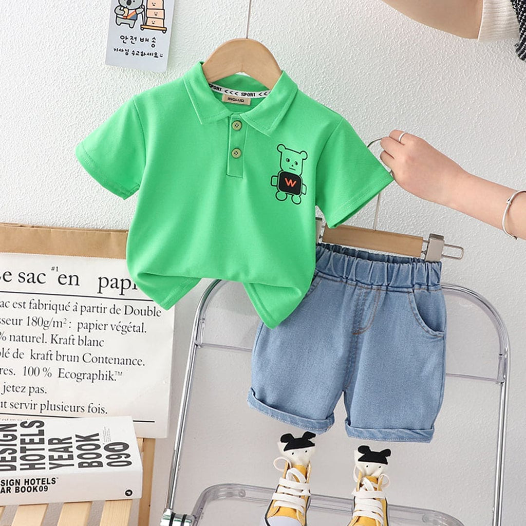 Boys Green Short Sleeve Polo T-Shirt With Denim Shorts Sets Green 1-2 Y 