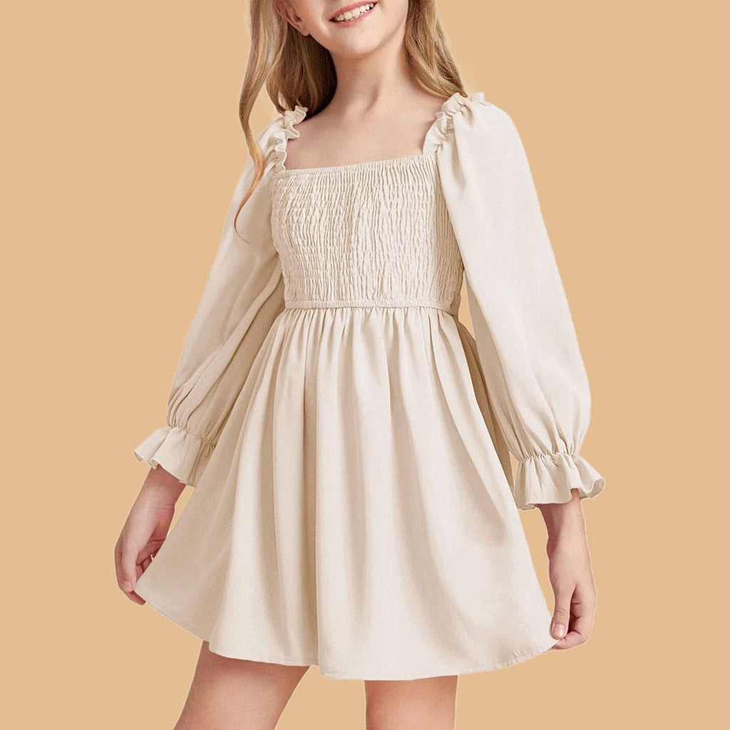 Girls Beige Long Sleeve Elasticated Yoke Dress Casual Dresses Beige 2-3 Y 