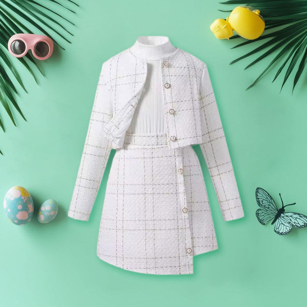Girls White High Neck Top with Textured Overlap Skirt & Waistcoat Set Sets White 7-8 Y 