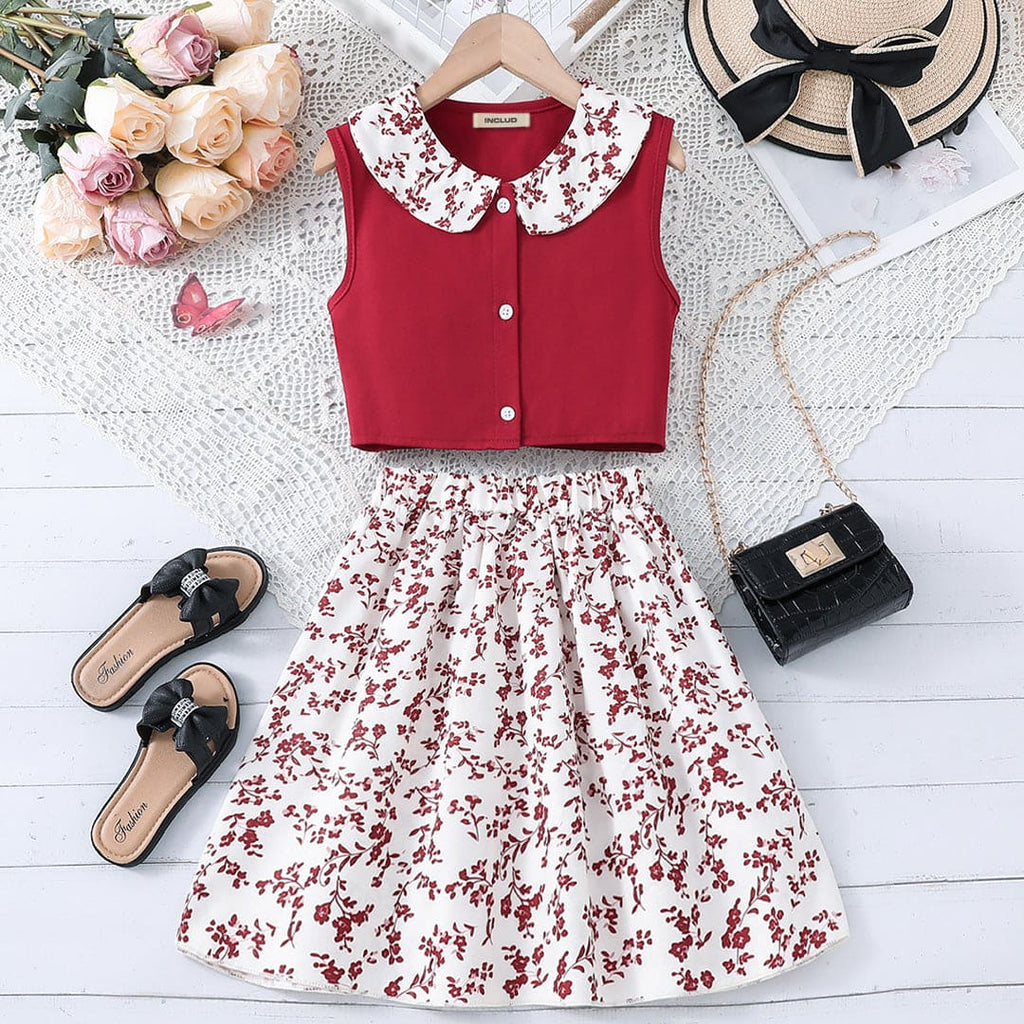 Girls Peter Pan Collar Top with Floral Print Skirt Set Sets Red 8-9 Y 