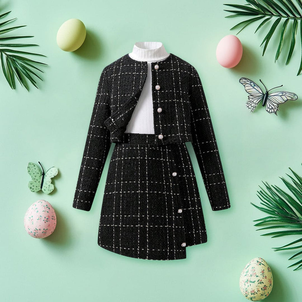 Girls Black High Neck Top with Textured Overlap Skirt & Waistcoat Set Sets Black 7-8 Y 