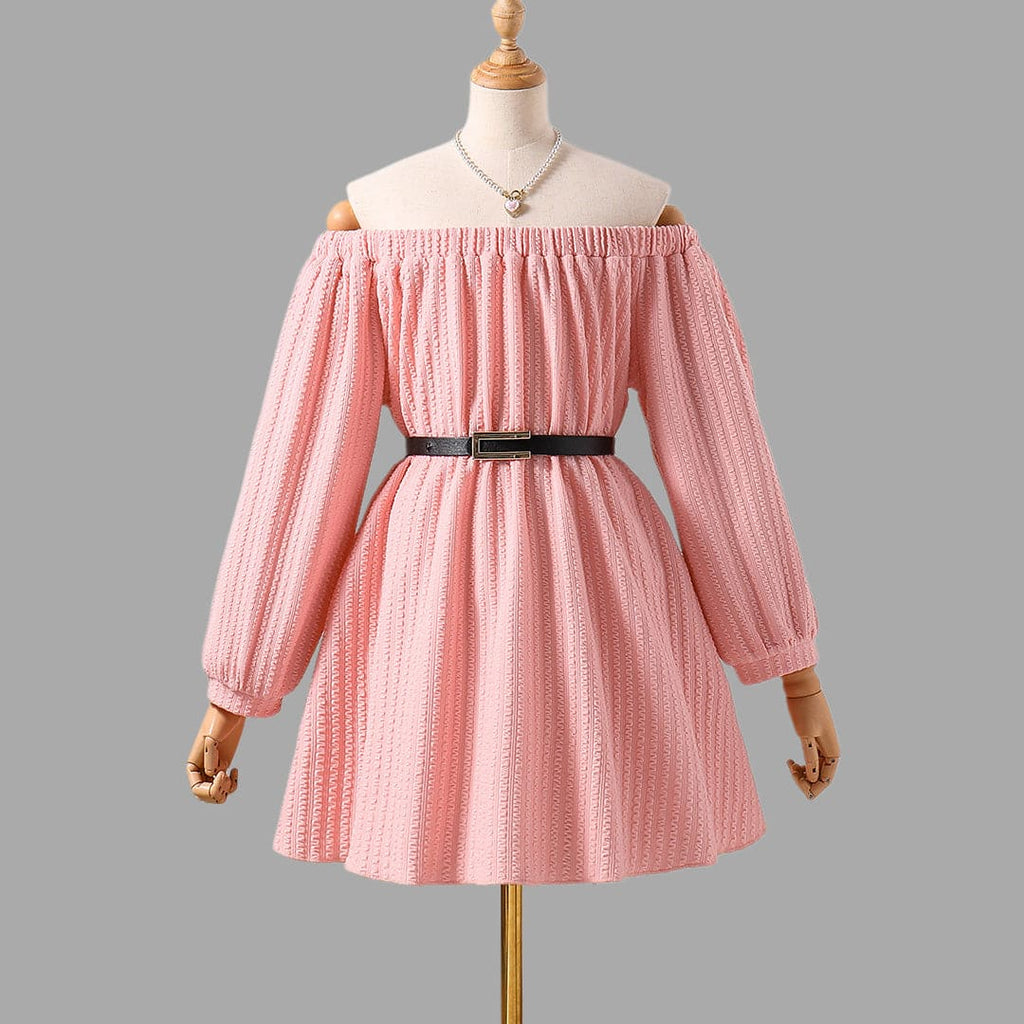 Girls Pink Textured Off Shoulder Sleeves Fit & Flare Dress Casual Dresses Pink 8-9 Y 