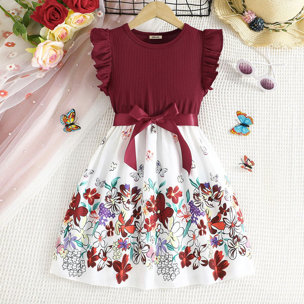 Girls Maroon Floral Print Casual Dress Casual Dresses Maroon 5-6 Y 