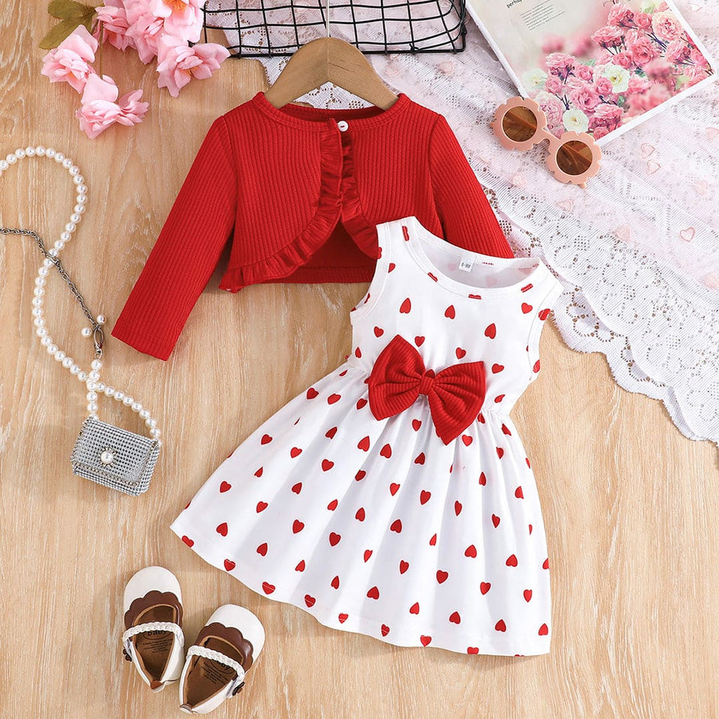 Girls Red Heart Print Sleeveless Fit & Flare Dress with Shrug Casual Dresses Red 6-9 M 
