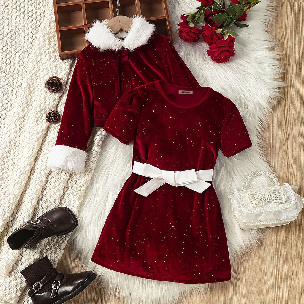 Girls Red Short Sleeves Party Wear Dress with Jacket Party Dresses Red 4-5 Y
