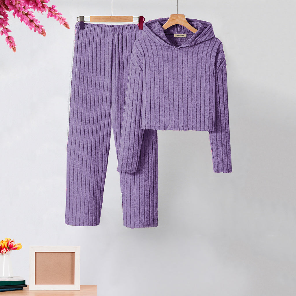 Girls Purple Hooded Rib Sweatshirt with Pants Set Sets Purple 8-9 Y 