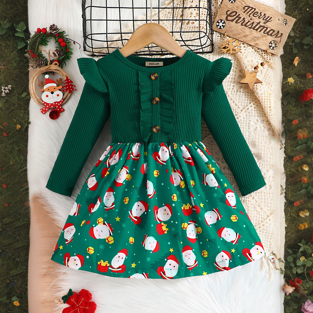 Girls Green Christmas Print Full Sleeves Fit Flare Dress – INCLUD