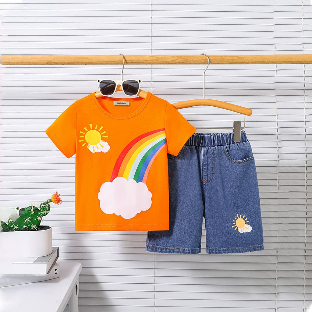 Boys Orange Rainbow Print Short Sleeves T-shirt with Shorts Set Sets Orange 4-5 Y
