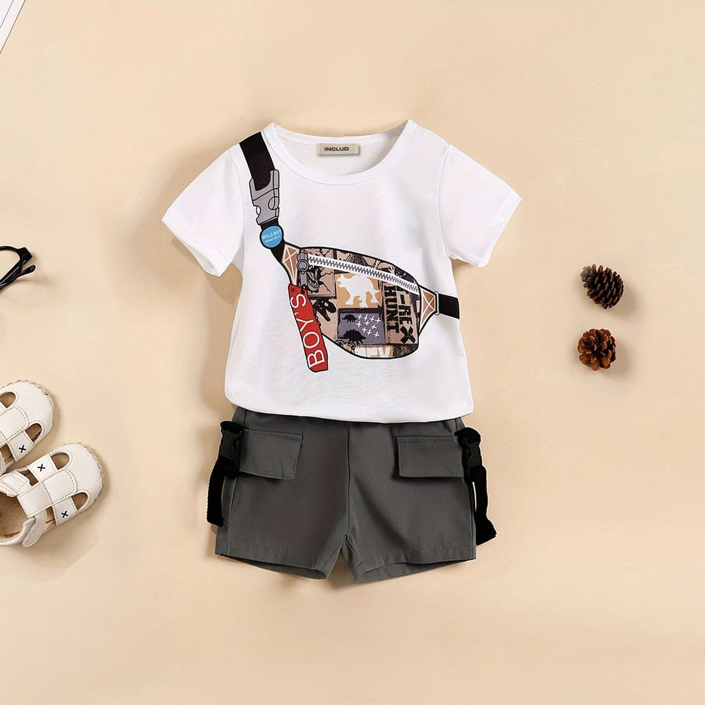 Boys White Graphic Print Short Sleeves T-shirt with Shorts Set Sets White 18-24 M