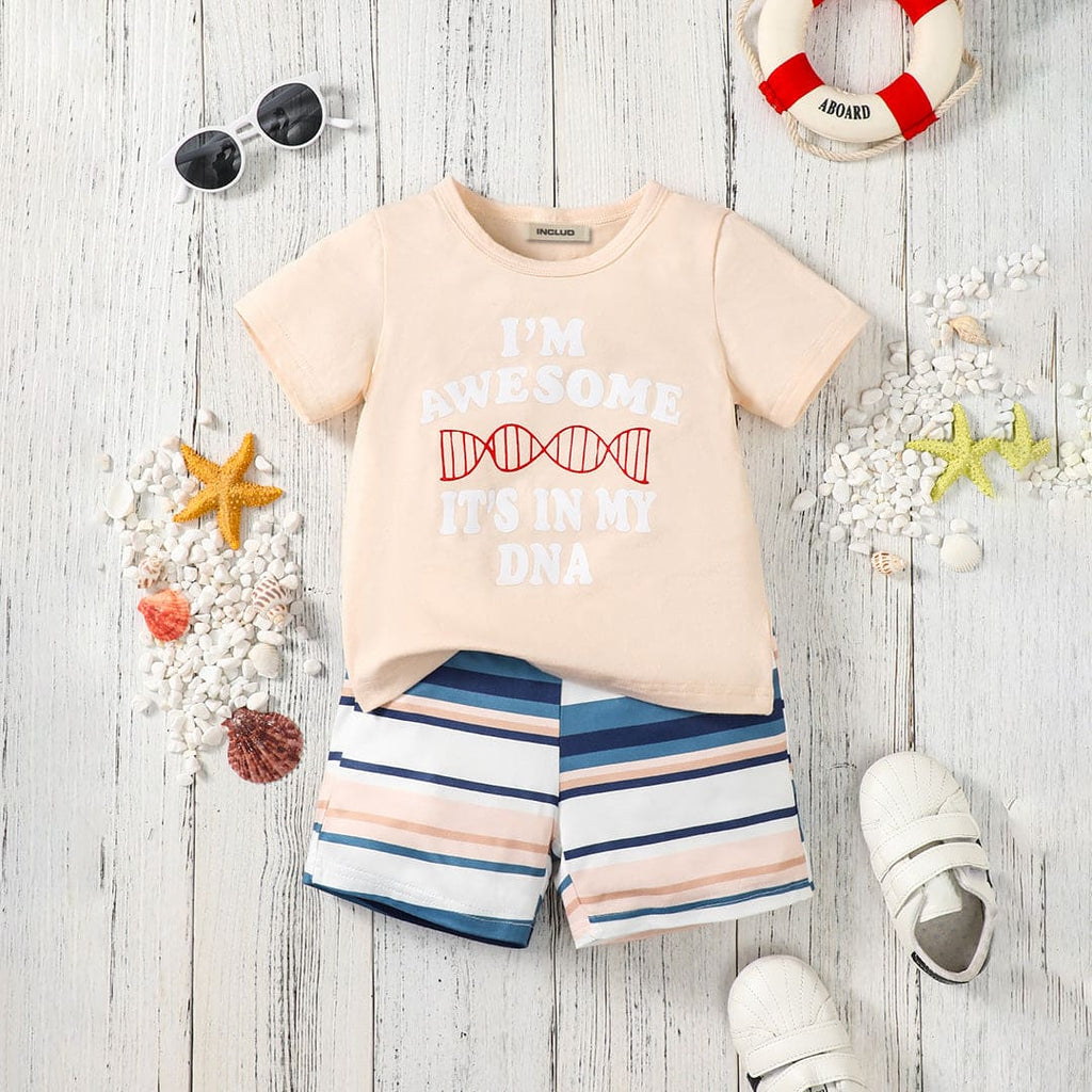 Boys Apricot Printed Short Sleeves T-shirt with Striped Shorts Set Sets Apricot 18-24 M