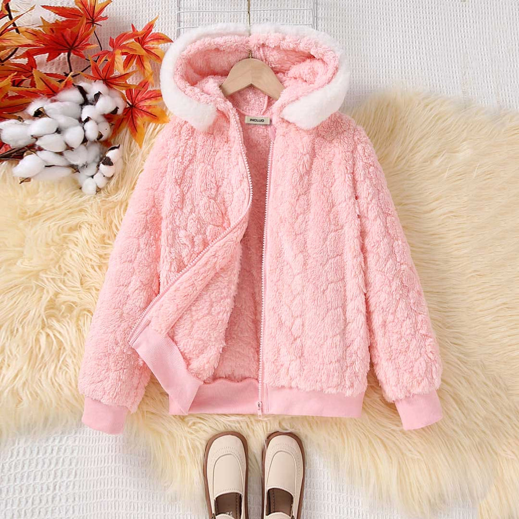 Girls Pink Fleece Winterwear Hooded Jacket – INCLUD