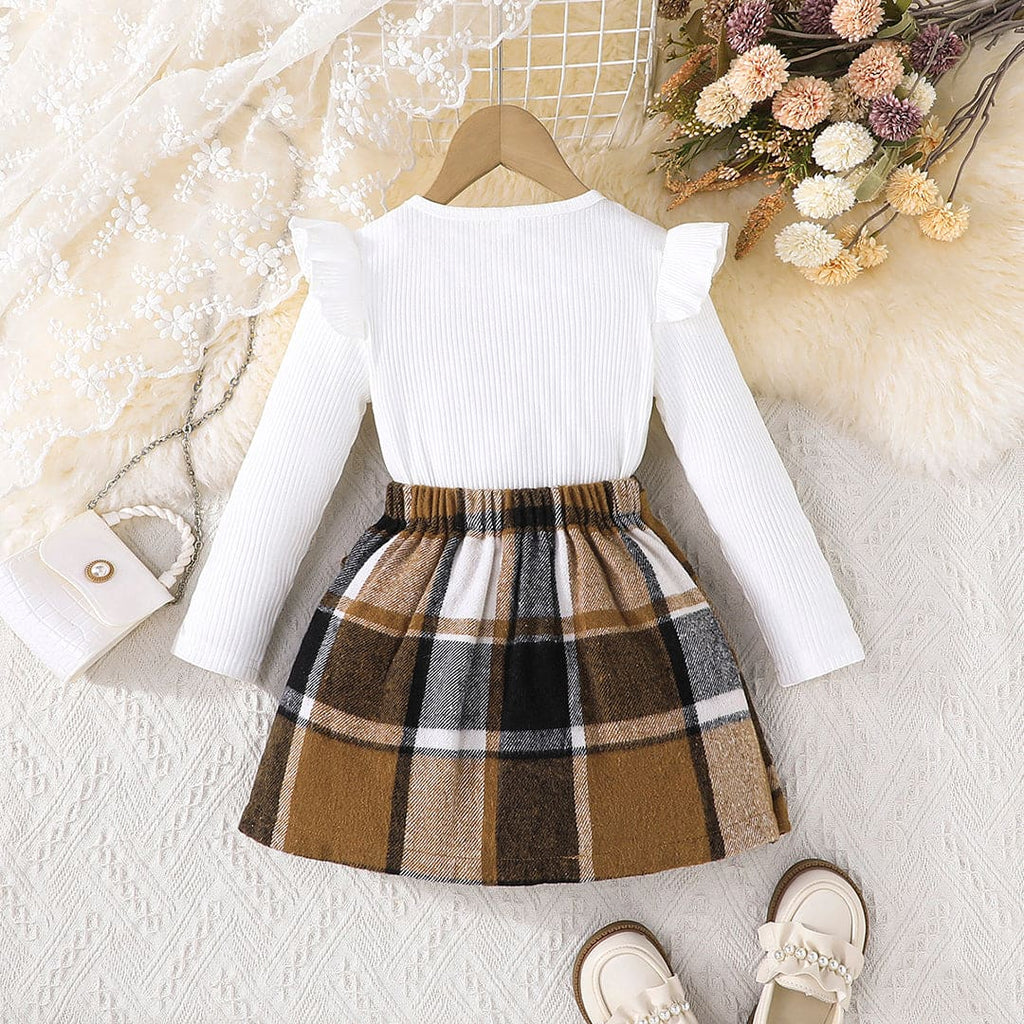 Girls Long Sleeve Top With Brown Check Skirt Set Sets