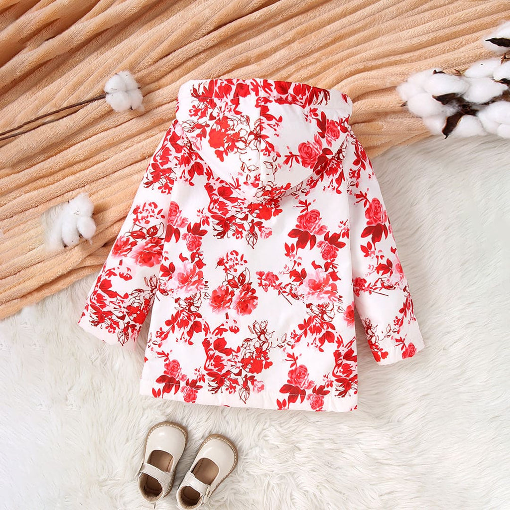 Girls Red Floral Print Full Sleeves Hooded Jacket Coats & Jackets Red 4-5 Y 