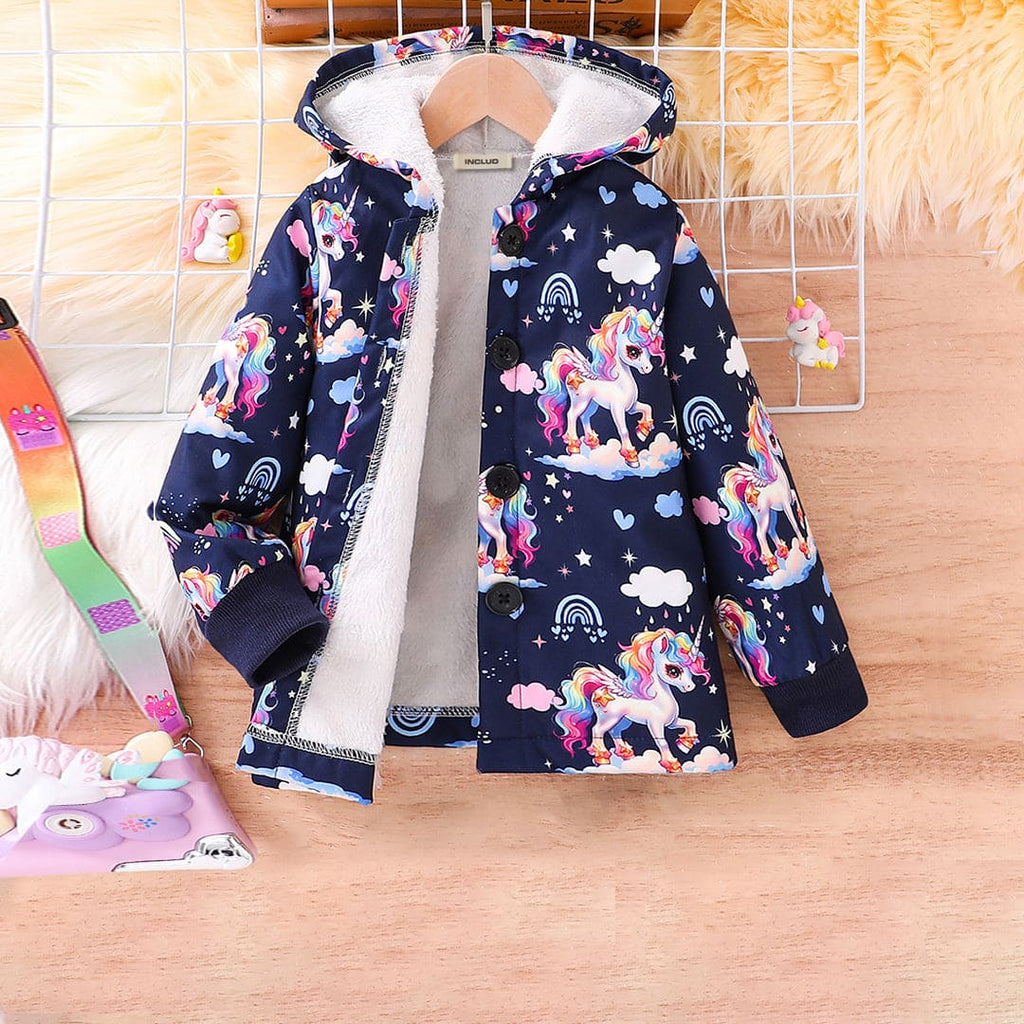 Girls Dark Blue Unicorn Print Full Sleeves Hooded Jacket Coats & Jackets Dark Blue 4-5 Y