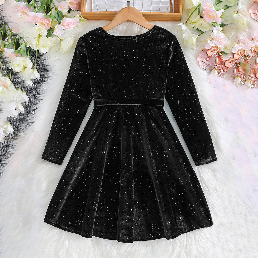 Girls Black Sparkle Fit & Flare Full Sleeves Party Dress Party Dresses Black 5-6 Y